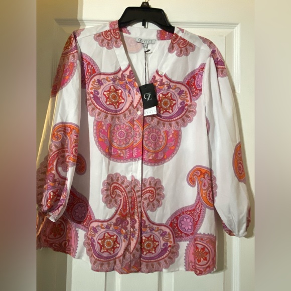 Collection by Cezele Paisley Hot Pink Orange Flowy Top Button Down Small - Picture 3 of 4